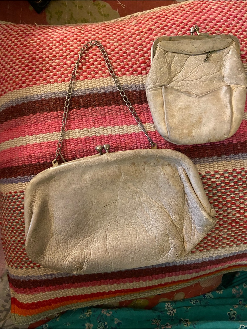 Vintage Metallic Silver Chain-Handle Women's Clutch and Coin Purse